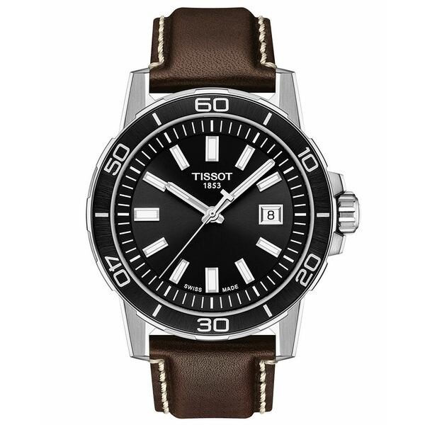 ティソット メンズ 腕時計 アクセサリー Men's Swiss Supersport Brown Leather Strap Watch 44mm Black