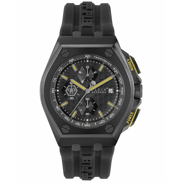 フィリッププレイン メンズ 腕時計 アクセサリー Men's Chronograph Plein Extreme Black Silicone Strap Watch 44mm Ip Black