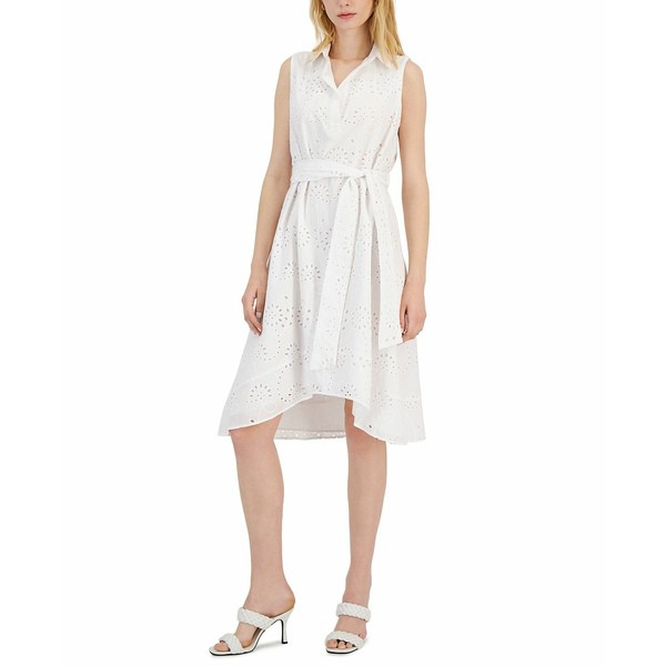 ダナキャラン レディース ワンピース トップス Women's Cotton Eyelet High-Low Dress White