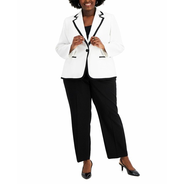 ル スーツ レディース カジュアルパンツ ボトムス Plus Size Contrast-Trim One-Button Pantsuit Natural White/black