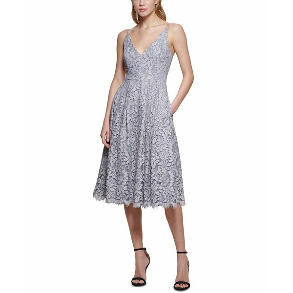 エリザジェイ レディース ワンピース トップス V-Neck Lace Fit & Flare Dress Silver