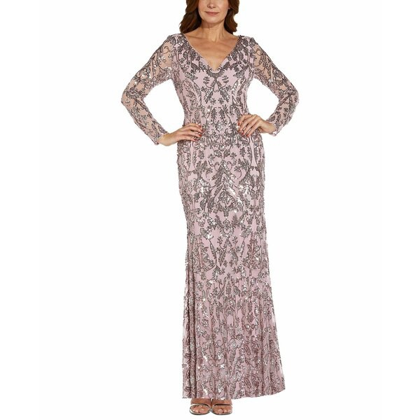 アドリアナ パペル レディース ワンピース トップス Embellished Long-Sleeve Gown Smoky Rose