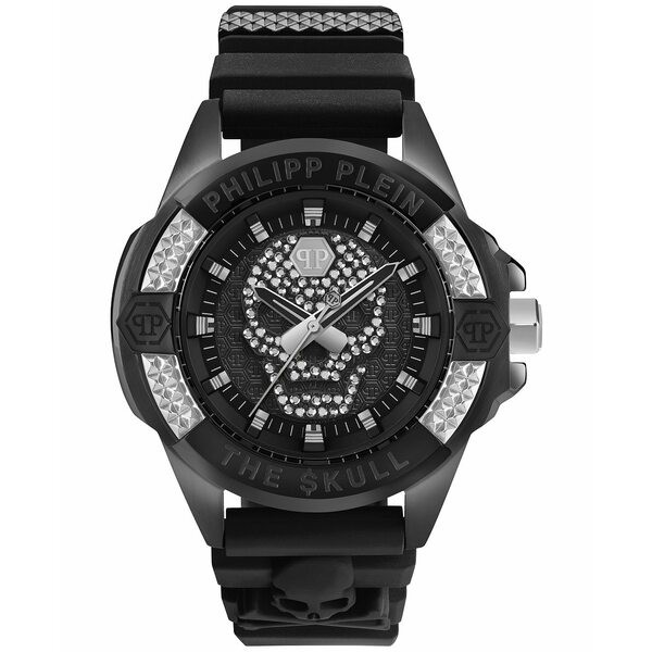 フィリッププレイン メンズ 腕時計 アクセサリー Men's The Skull Crystal & Black Silicone Strap Watch 44mm Black