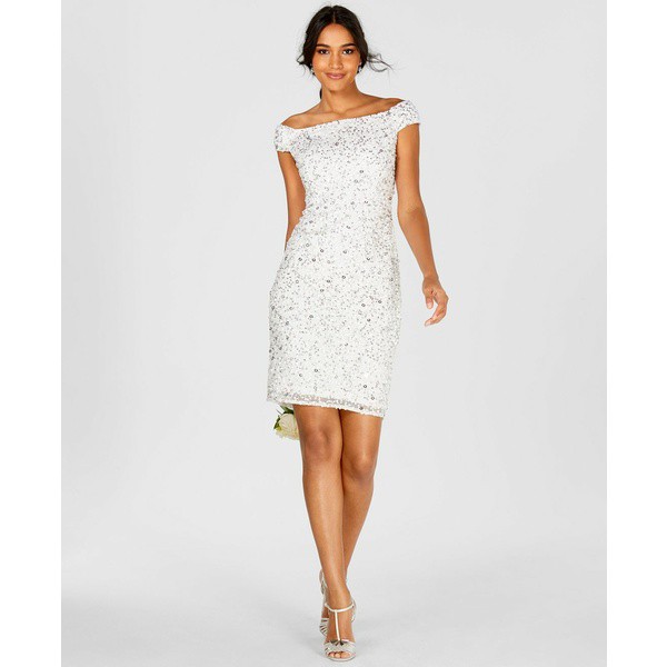 アドリアナ パペル レディース ワンピース トップス Women's Off-The-Shoulder Beaded Sheath Dress Ivory/Silver