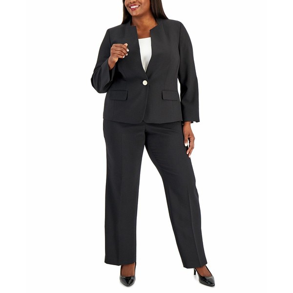 ル スーツ レディース カジュアルパンツ ボトムス Plus Size Single-Button Blazer Slim-Fit Pantsuit Black