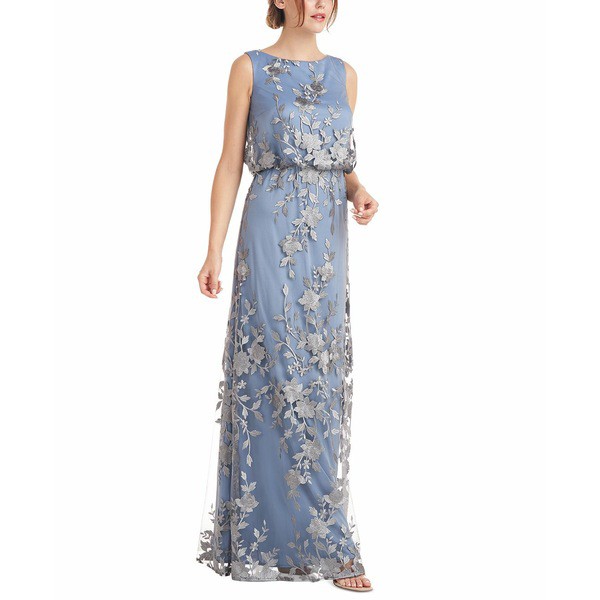 ジェイエスコレクションズ レディース ワンピース トップス Floral Embroidered Mesh Sleeveless Gown Silver/True Blue