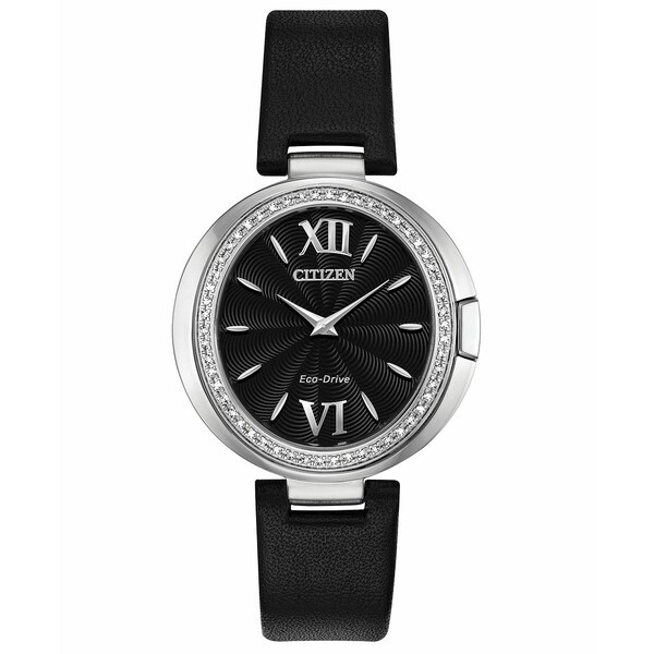 シチズン レディース 腕時計 アクセサリー Eco-Drive Women's Capella Diamond-Accent Black Leather Strap Watch 34mm Black