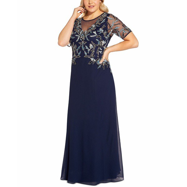 アドリアナ パペル レディース ワンピース トップス Plus Size Beaded Gown Light Navy