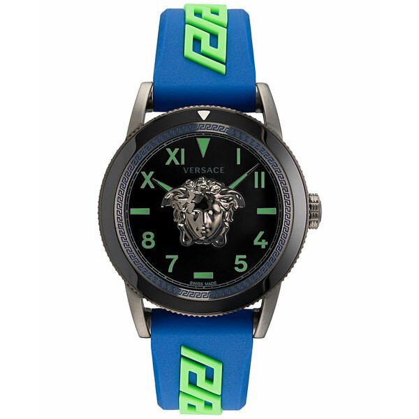 ヴェルサーチ メンズ 腕時計 アクセサリー Men's Swiss V-Palazzo Blue Logo Silicone Strap Watch 43mm Ip Gunmetal