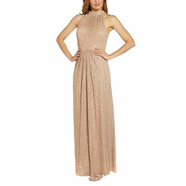 アドリアナ パペル レディース ワンピース トップス Women's Halter Pleated Metallic Gown Champagne Gold