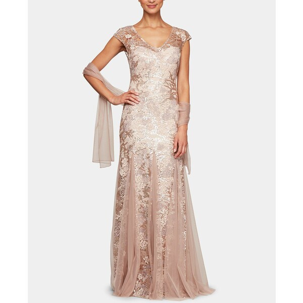 アレックスイブニングス レディース ワンピース トップス Embellished-Lace Embroidered Illusion Gown & Shawl Rose Gold