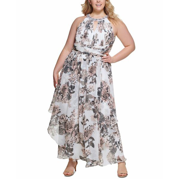 エリザジェイ レディース ワンピース トップス Plus Size Embellished-Neck Printed Chiffon Gown Ivory