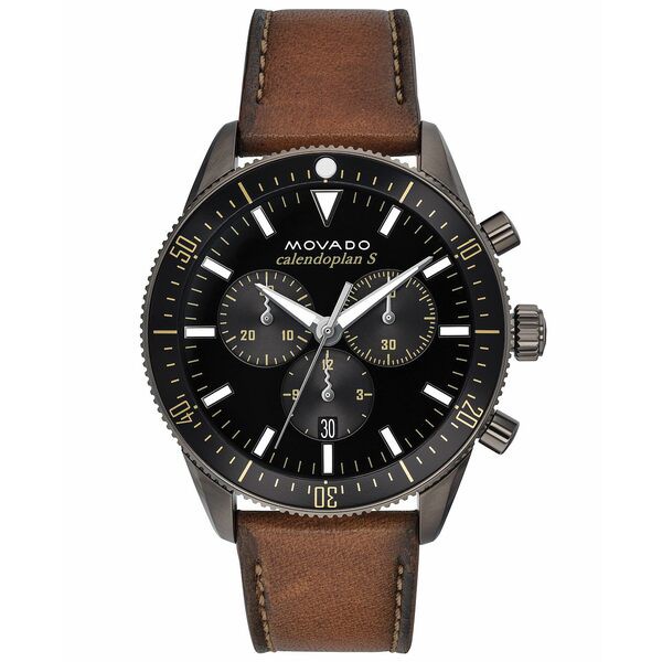 モバド メンズ 腕時計 アクセサリー Men's Swiss Chronograph Heritage Series Calendoplan Cognac Leather Strap Watch 42mm Black