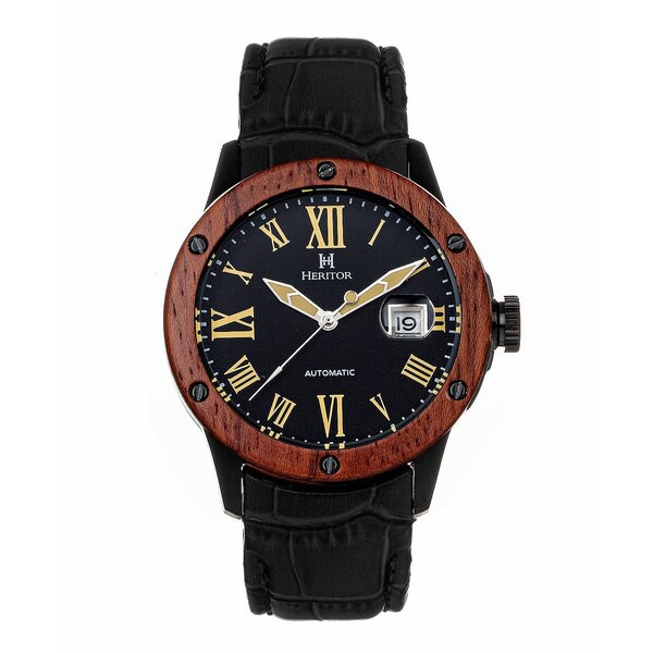 ヘリトール レディース 腕時計 アクセサリー Women's Automatic Everest Wooden Bezel Black or Blue Genuine Leather Band Watch, 47mm