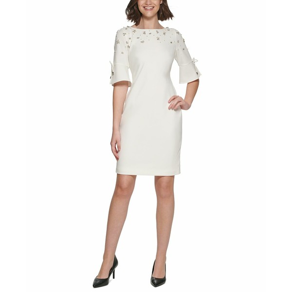 カールラガーフェルド レディース ワンピース トップス Women's Embellished Tie-Sleeve Sheath Dress Soft White