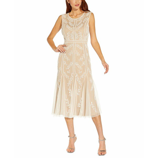 アドリアナ パペル レディース ワンピース トップス Beaded Chiffon Midi Dress Ivory Nude