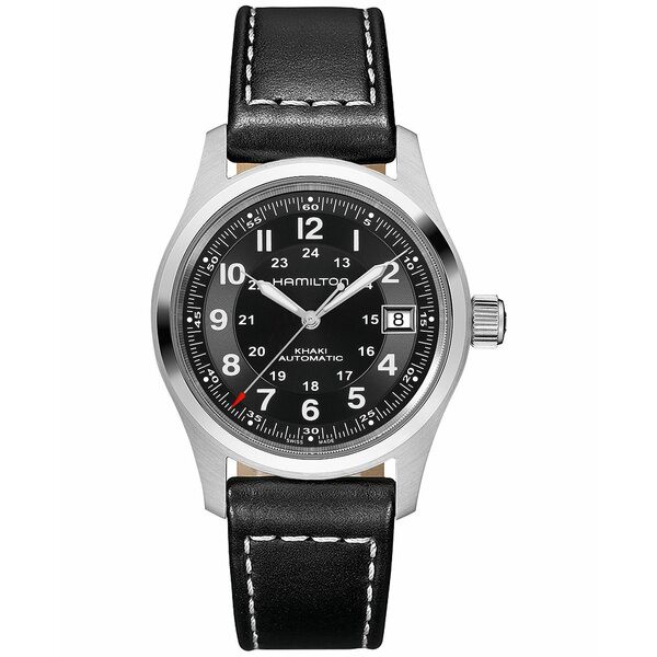 ハミルトン メンズ 腕時計 アクセサリー Men's Swiss Automatic Khaki Field Black Leather Strap Watch 38mm No Color