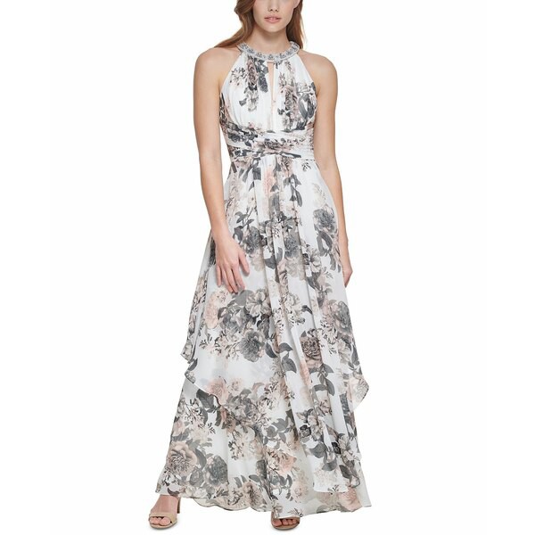 エリザジェイ レディース ワンピース トップス Women's Embellished-Neck Printed Chiffon Gown Ivory