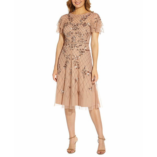 アドリアナ パペル レディース ワンピース トップス Beaded Flutter-Sleeve Dress Taupe Mist