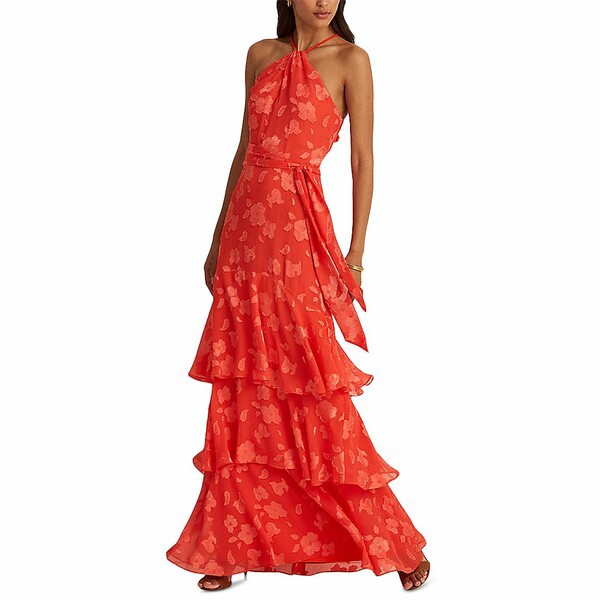 ラルフローレン レディース ワンピース トップス Floral Jacquard Halter Gown Tomato