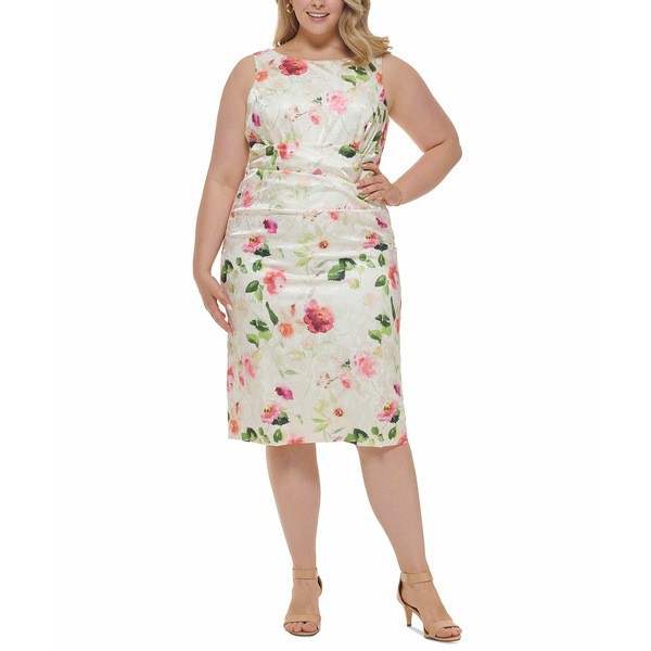 エリザジェイ レディース ワンピース トップス Plus Size Floral-Print Jacquard Sheath Dress Ivory Multi