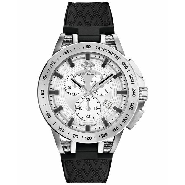 ヴェルサーチ メンズ 腕時計 アクセサリー Men's Swiss Chronograph Sport Tech Black Silicone Strap Watch 45mm Stainless Steel