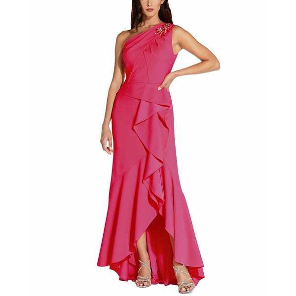 アドリアナ パペル レディース ワンピース トップス One-Shoulder Beaded Ruffled Gown Brilliant Fuschia