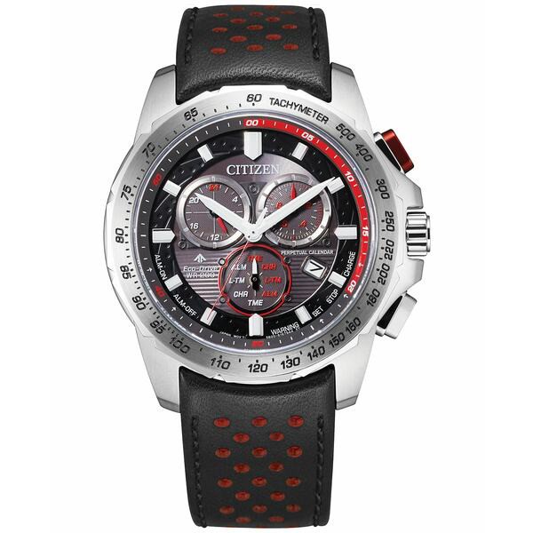 シチズン メンズ 腕時計 アクセサリー Eco-Drive Men's Chronograph Promaster Land Black & Red Leather Strap Watch 43mm Silver