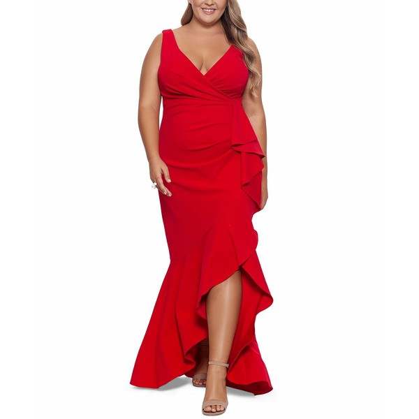 ベッツィ アンド アダム レディース ワンピース トップス Plus Size V-Neck Ruffled Gown Red