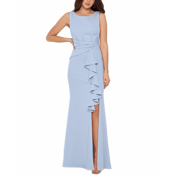 ベッツィ アンド アダム レディース ワンピース トップス Petite Boat-Neck Waterfall Ruffle Detail Gown Sky Blue