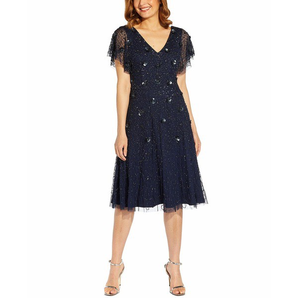 アドリアナ パペル レディース ワンピース トップス Floral Beaded Party Dress Light Navy