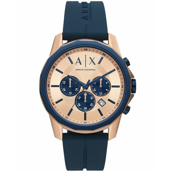 アルマーニ メンズ 腕時計 アクセサリー Men's Banks Chronograph in Rose Gold-tone Plated Stainless Steel with Navy Silicone Strap