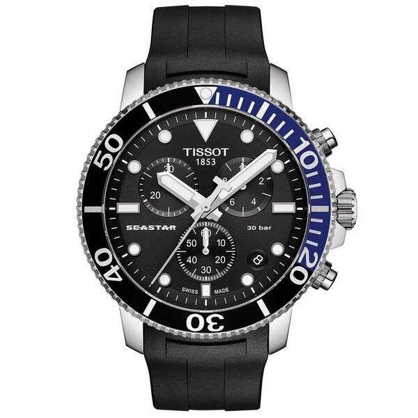 ティソット メンズ 腕時計 アクセサリー Men's Swiss Chronograph Seastar 1000 Black Rubber Strap Watch 46mm Black