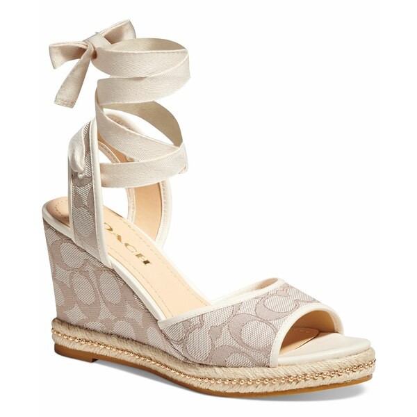 コーチ レディース サンダル シューズ Women's Page Signature Ankle-Tie Wedge Sandals Stone/ Chalk Signature