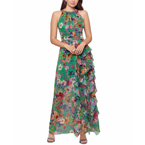 ベッツィ アンド アダム レディース ワンピース トップス Women's Ruffled Floral Halter Gown Green