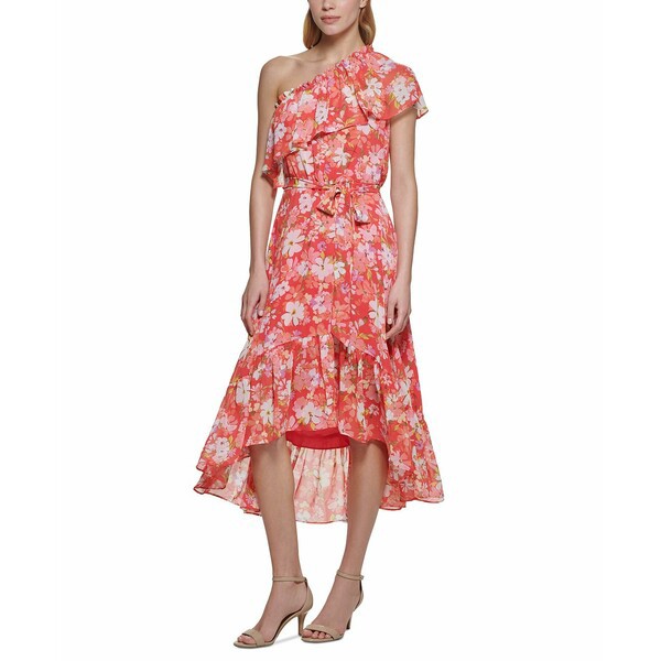 ヴィンスカムート レディース ワンピース トップス Women's Floral-Print One-Shoulder Ruffle Dress Coral