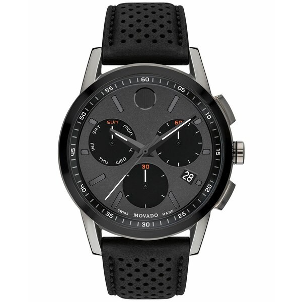 モバド メンズ 腕時計 アクセサリー Men's Swiss Chronograph Museum Sport Black Perforated Leather Strap Watch 43mm Black