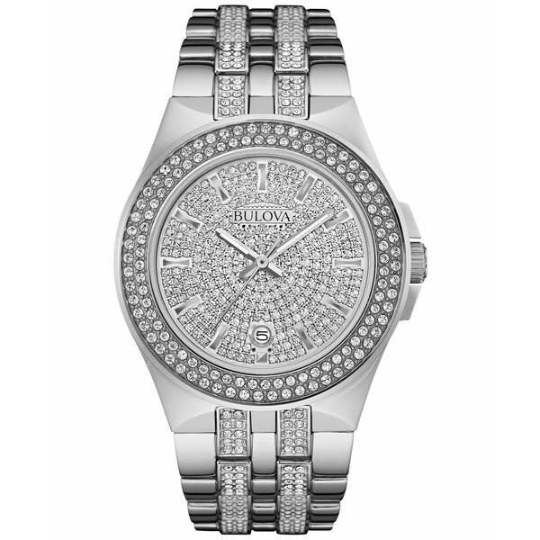 ブロバ メンズ 腕時計 アクセサリー Men's Pavé Crystal Stainless Steel Bracelet Watch 42mm 96B235 No Color