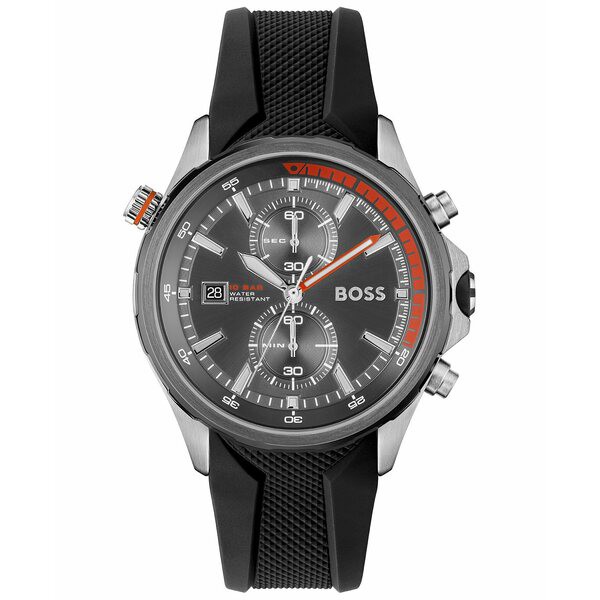 ボス メンズ 腕時計 アクセサリー Globetrotter Men's Chronograph Black Silicone Strap Watch 46mm Silver