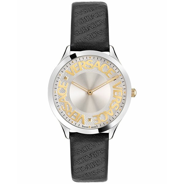 ヴェルサーチ レディース 腕時計 アクセサリー Women's Swiss Logo Halo Black Leather Strap Watch 38mm Stainless Steel