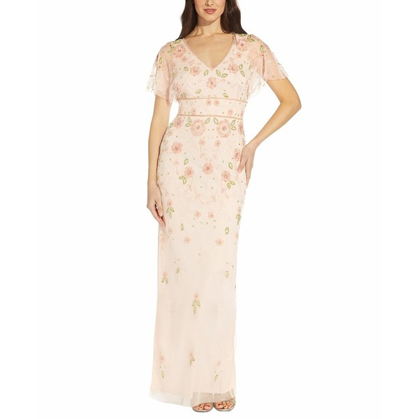 アドリアナ パペル レディース ワンピース トップス Floral-Beaded Gown Pale Pink