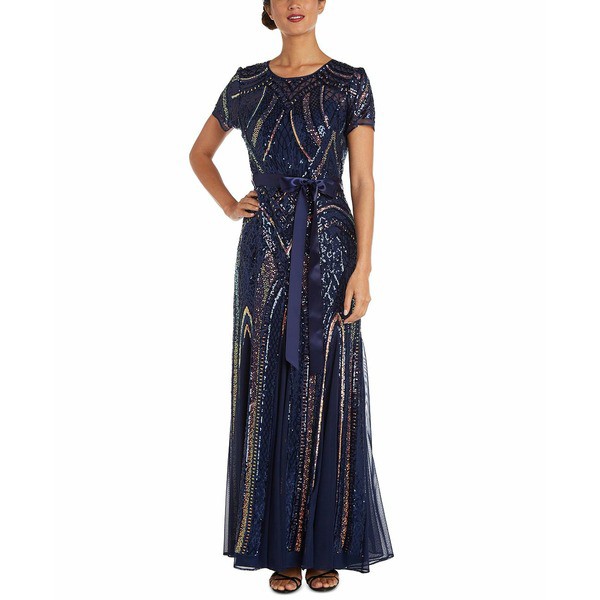 アールアンドエムリチャーズ レディース ワンピース トップス Short-Sleeve Belted Sequin Gown Navy