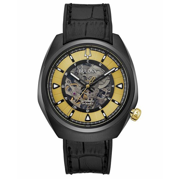 ブロバ メンズ 腕時計 アクセサリー Men's Automatic Grammy Black Leather Strap Watch 44.5mm Black