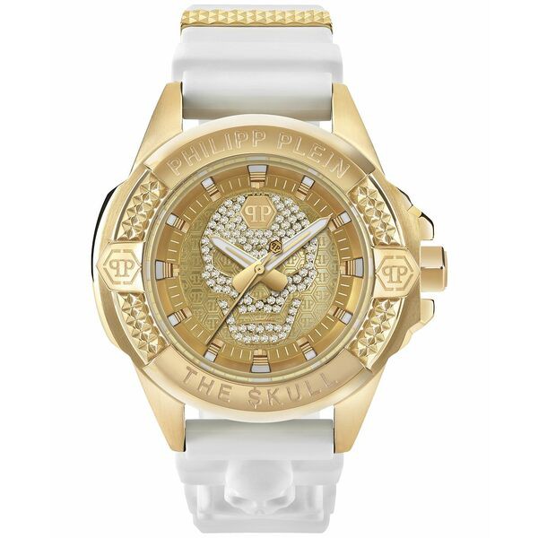 フィリッププレイン メンズ 腕時計 アクセサリー Men's The Skull Gold-Tone and White Silicone Strap Watch 44mm Gold-Tone