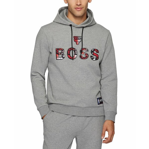 ヒューゴボス メンズ パーカー・スウェットシャツ アウター BOSS Men's NBA Chicago Bulls Cotton-Blend Hoodie Light Grey