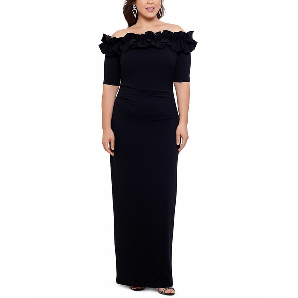 エスケープ レディース ワンピース トップス Plus Size Ruffled Off-The-Shoulder Gown Black