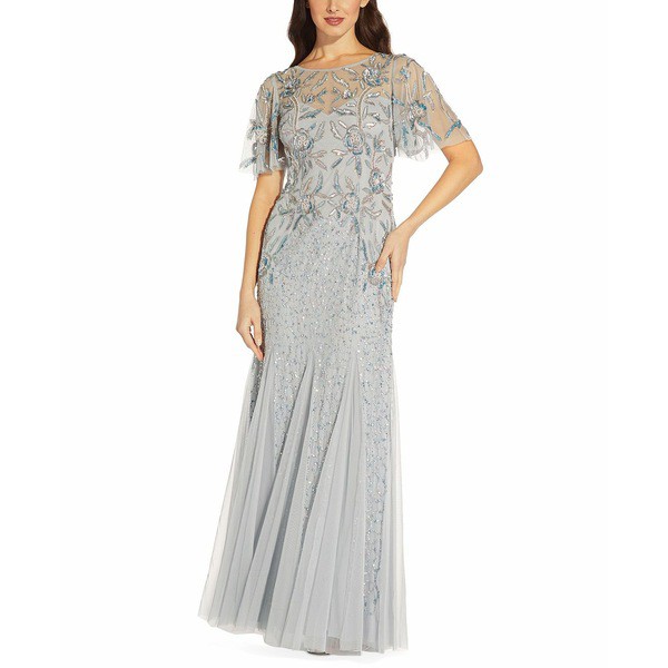 アドリアナ パペル レディース ワンピース トップス Embellished Flutter-Sleeve Gown Blue Heather