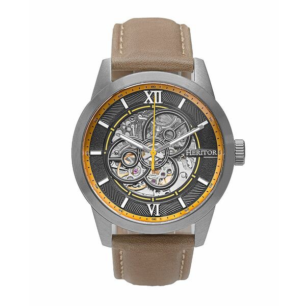 ヘリトール レディース 腕時計 アクセサリー Women's Automatic Jonas Black or Blue or Tan Genuine Leather Band Skeleton Watch, 43mm