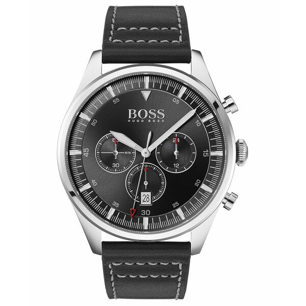 ボス メンズ 腕時計 アクセサリー Men's Chronograph Pioneer Black Leather Strap Watch 44mm Black