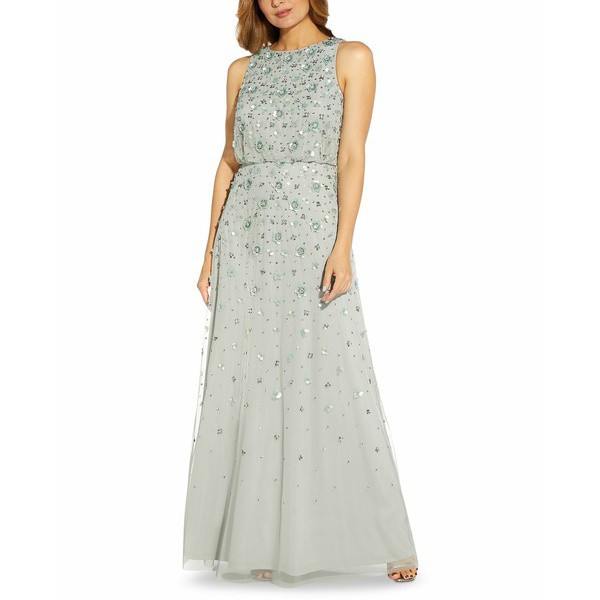 アドリアナ パペル レディース ワンピース トップス Beaded Sequined Gown Frosted Sage